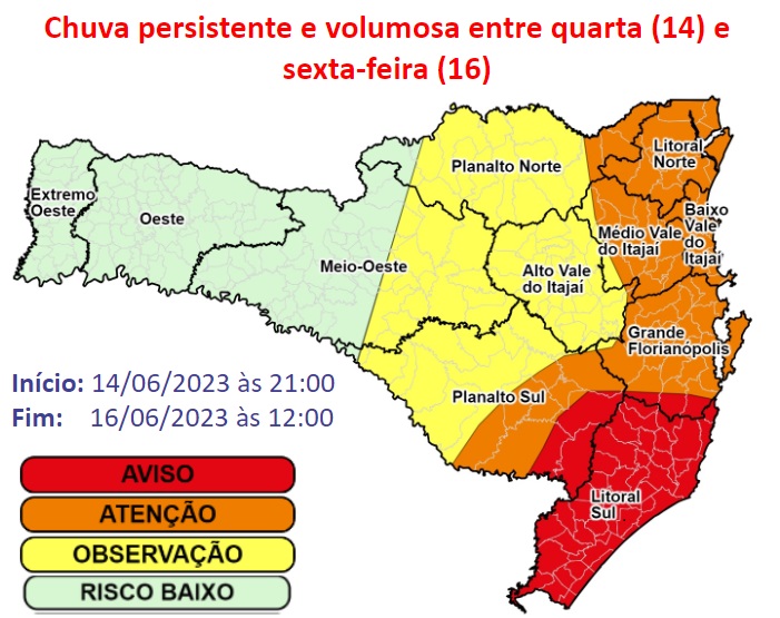 Defesa Civil Santa Catarina - OBSERVAÇÃO - 14/01 20:40 - CHUVA PERSISTENTE  de intensidade moderada para as regiões do Litoral Norte, Grande  Florianópolis e Baixo Vale do Itajaí nas próximas 3 horas. Ocorrências  ligue 199 ou 193.