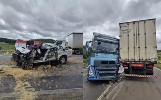 Hilux fica destruída após colidir com carreta